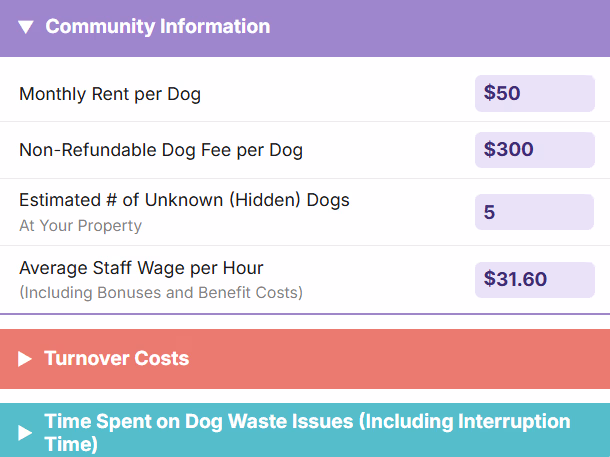 Expanded Community Information panel showing editable monthly rent per dog, non-refundable dog fee, estimated hidden dogs, and average staff wage.